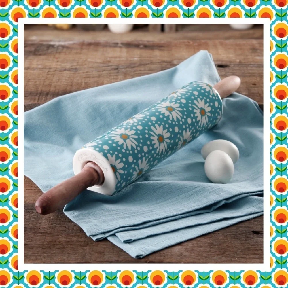 New The Pioneer Woman Blue Daisy Wood Handle Ceramic Rolling Pin